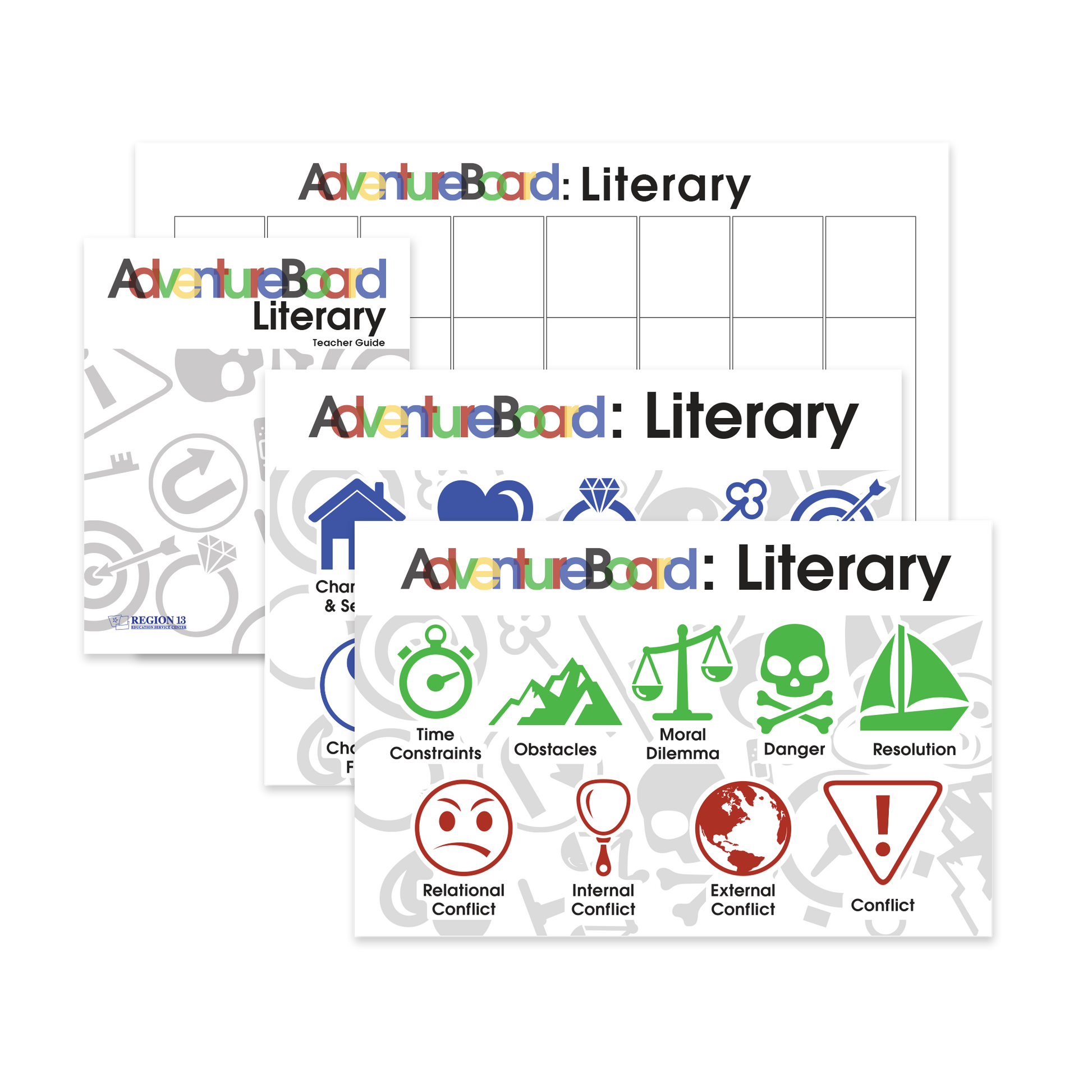 Preview of the Teacher AdventureBoard (17"x34" on laminated poster) and Student AdventureBoard (11"x17" on laminated posters) along with the Teacher Guide booklet.
