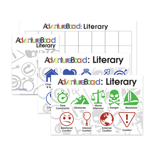 Preview of the Teacher AdventureBoard (17"x34" on laminated poster) and Student AdventureBoard (11"x17" on laminated posters) along with the Teacher Guide booklet.