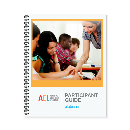 Preview of the white and orange cover featuring four students and one instructor in a classroom reviewing information in a boolket on the front of the Region 13 Advancing Educational Leadership (AEL) Participant Guide (Spiral-Bound) book.