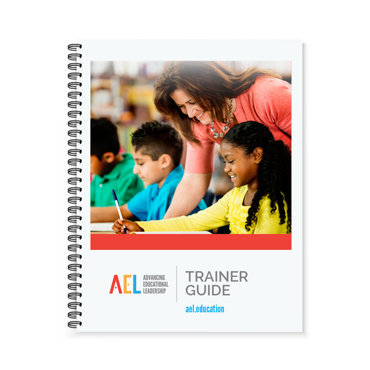 Preview of the front cover of the Advancing Educational Leadership Trainer Guide. The front cover features two children and one instructor helping them at their desks.