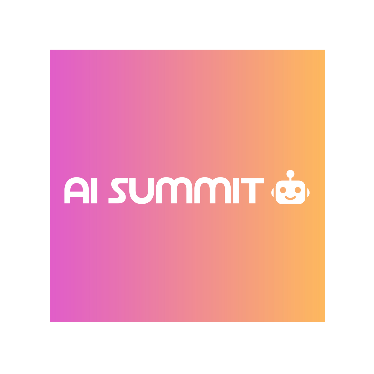 White AI Summit logo with a robot icon over a pink and orange gradient background.