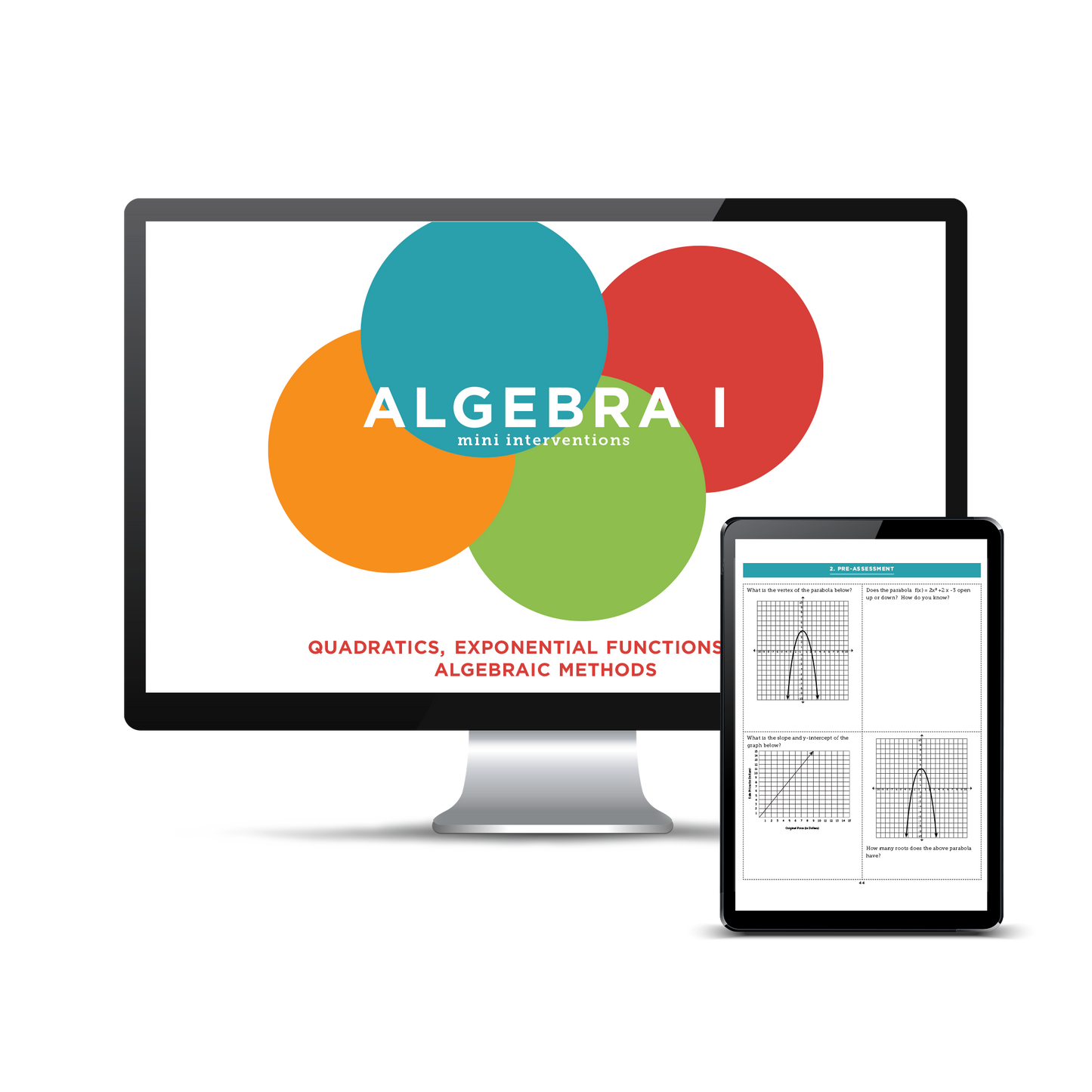 Algebra I Mini Interventions: Quadratics, Exponential Functions, and Algebraic Methods (Downloadable PDF)