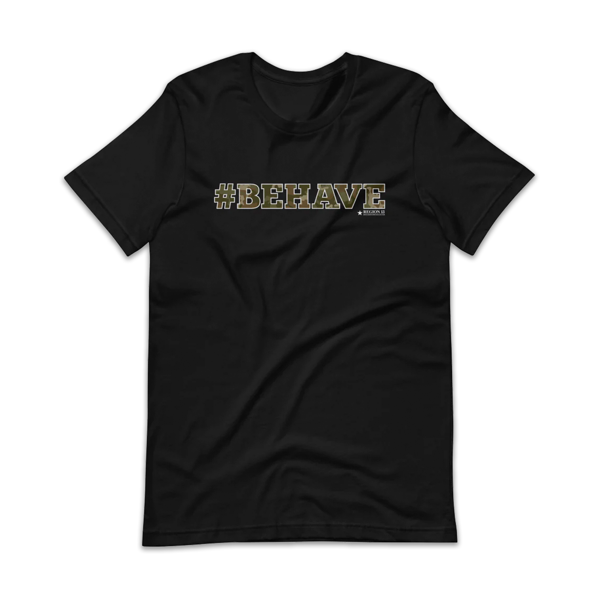 Preview of a the black t-shirt with the text #BEHAVE spelled out in decorative camoflauge letters.