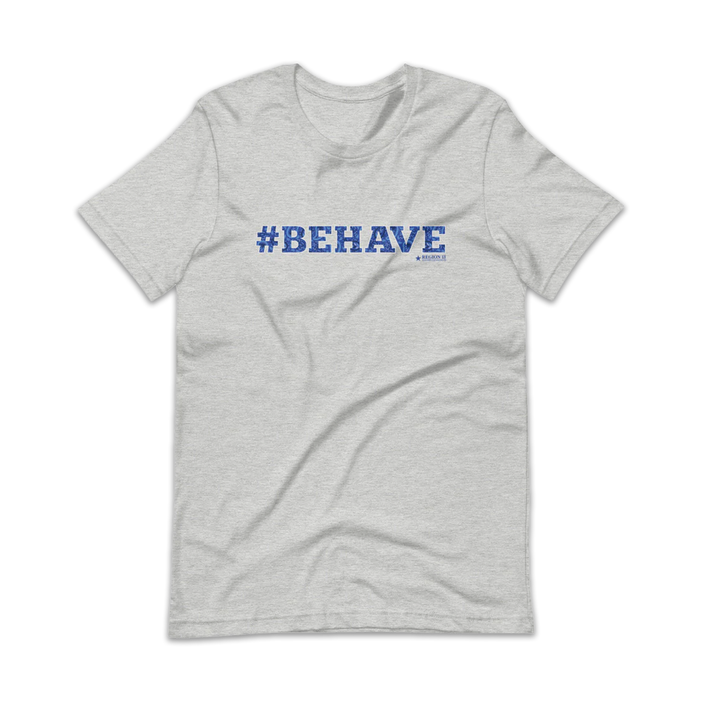 Preview of the gray t-shirt with the text #Behave spelled in decorative blue paisley letters.