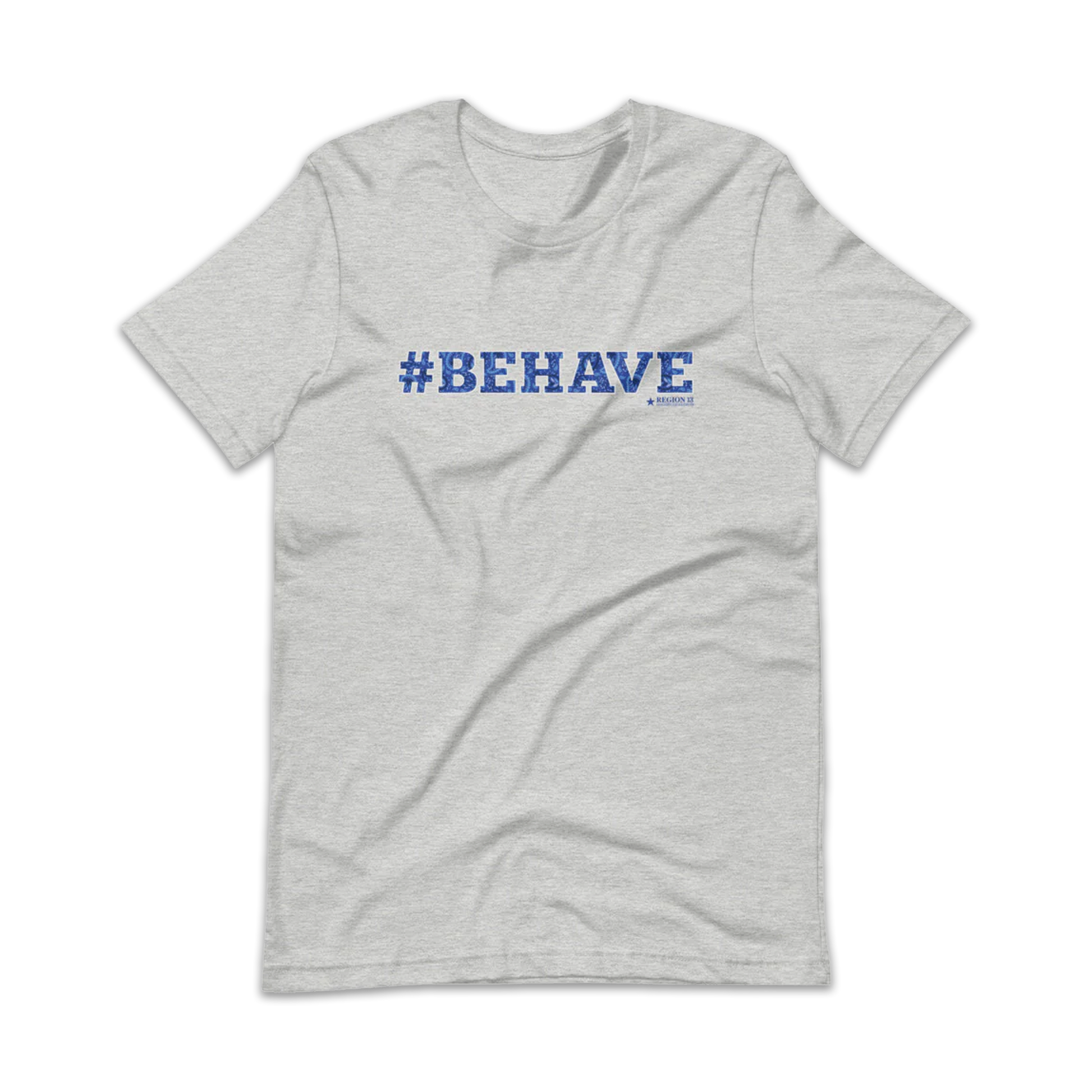 Preview of the gray t-shirt with the text #Behave spelled in decorative blue paisley letters.