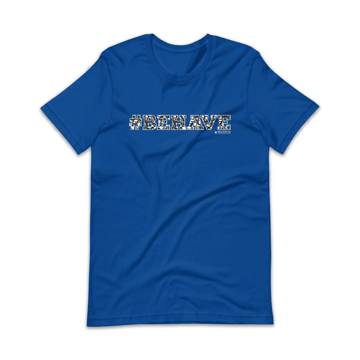 Preview of the blue t-shirt with the text #Behave spelled out in decorative skull letters.