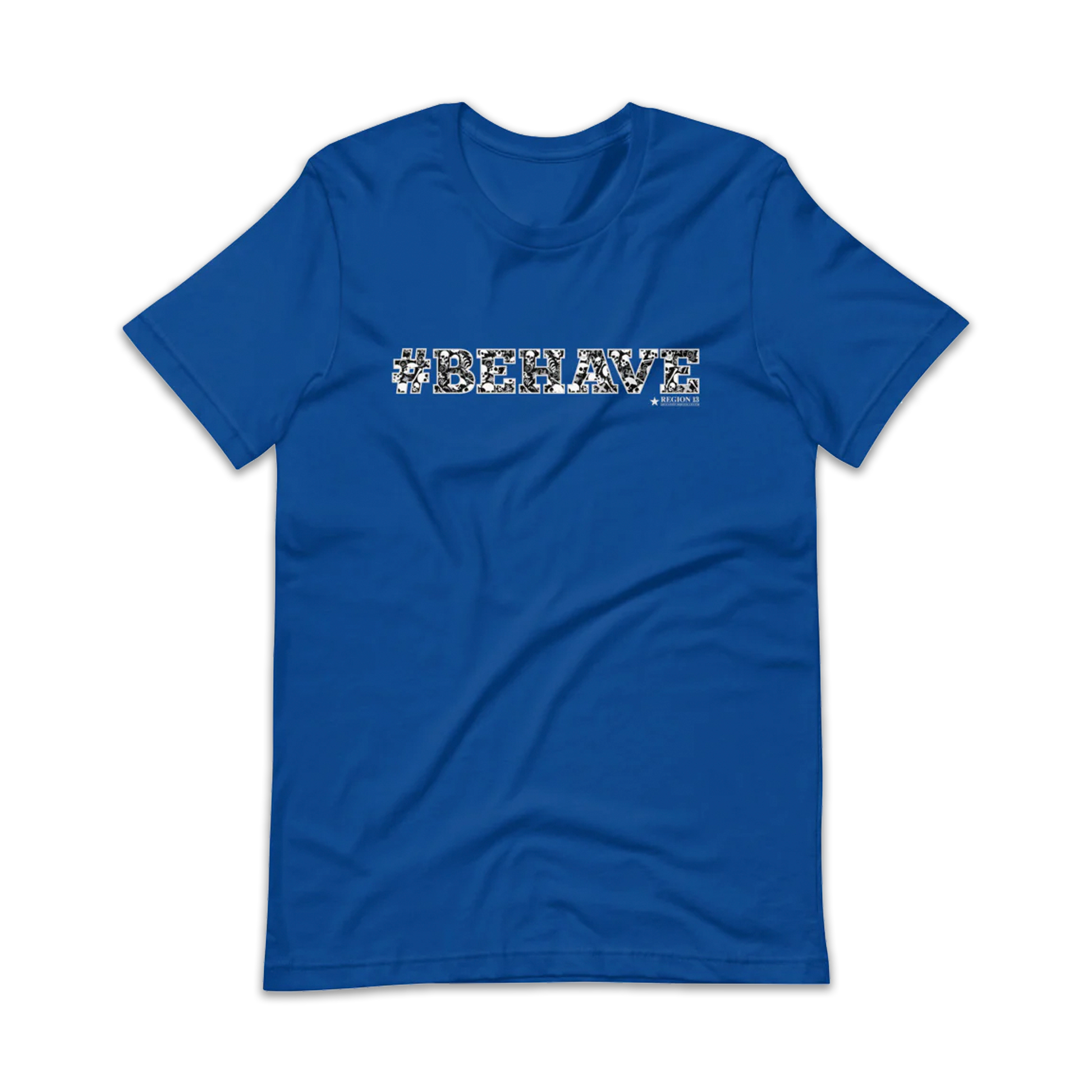 Preview of the blue t-shirt with the text #Behave spelled out in decorative skull letters.