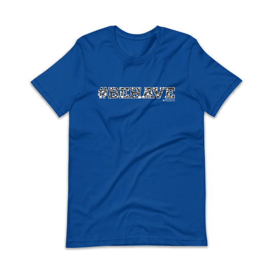 Preview of the blue t-shirt with the text #Behave spelled out in decorative skull letters.