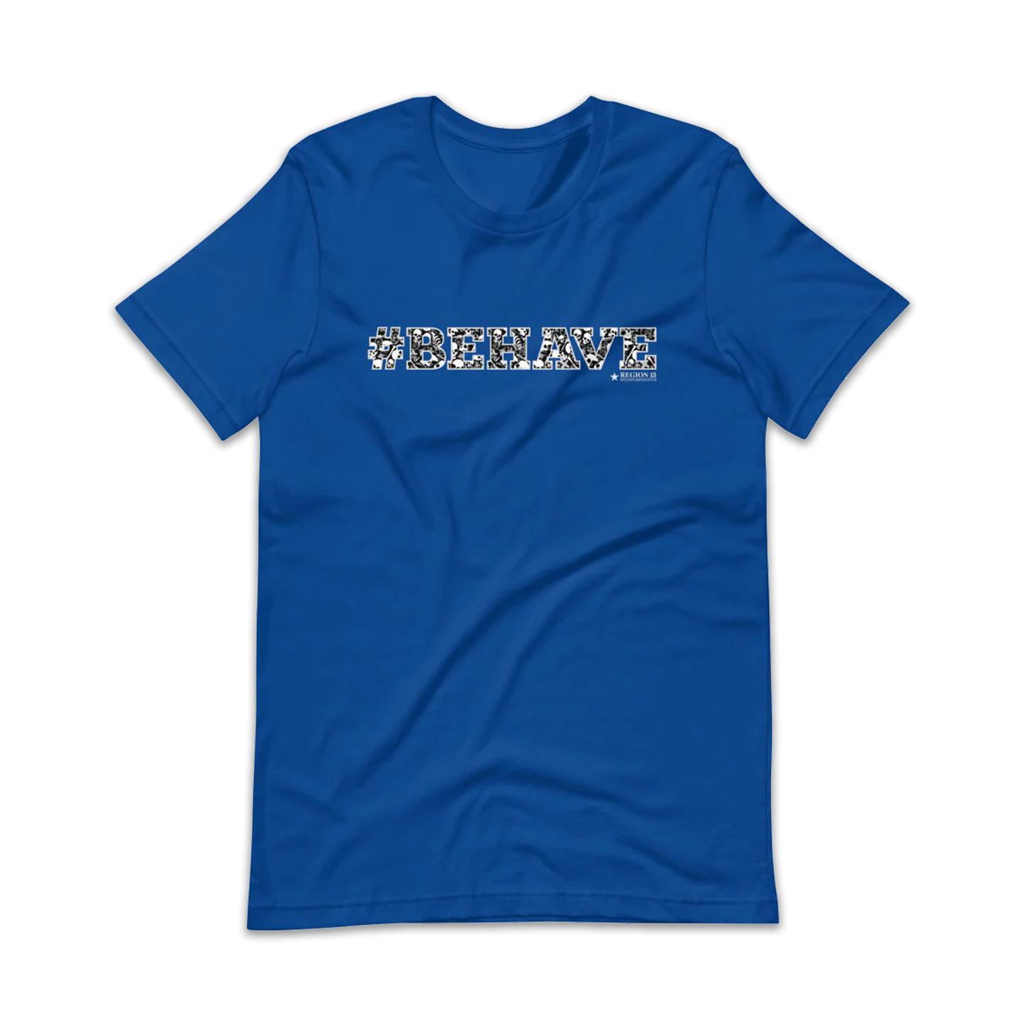 Preview of the blue t-shirt with the text #Behave spelled out in decorative skull letters. 