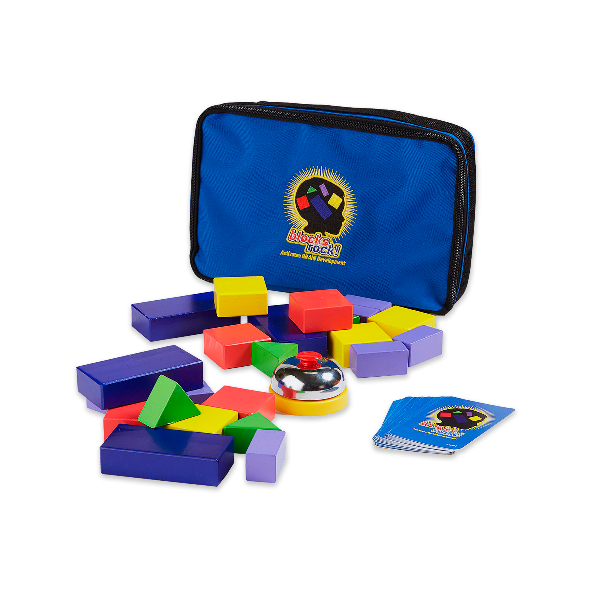 Preview of the Blocks Rock Deluxe Set that includes 24 solid wood blocks, 2 decks of cards, durable carrying case, a bell for gameplay