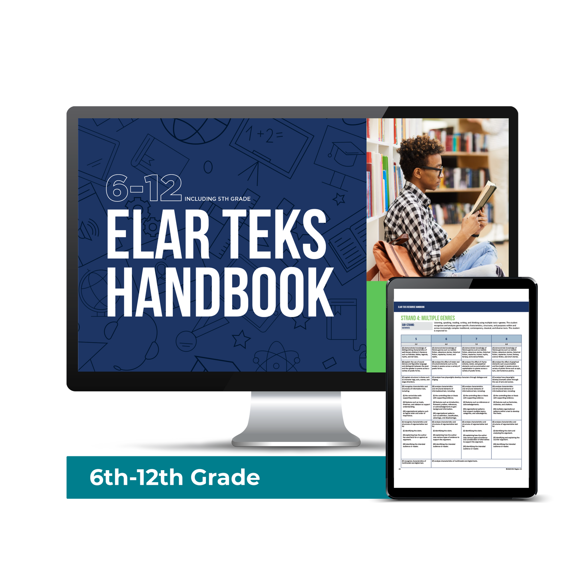 Computer screen with a preview of the downloadable PDF for the ELAR TEKS Handbook: 6-12 product.