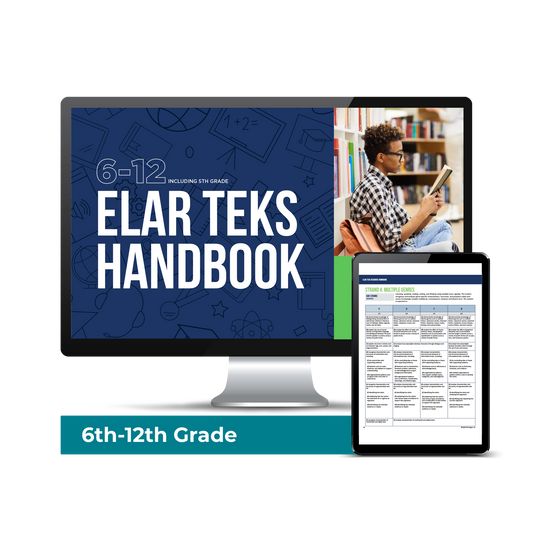 Computer screen with a preview of the downloadable PDF for the ELAR TEKS Handbook: 6-12 product.