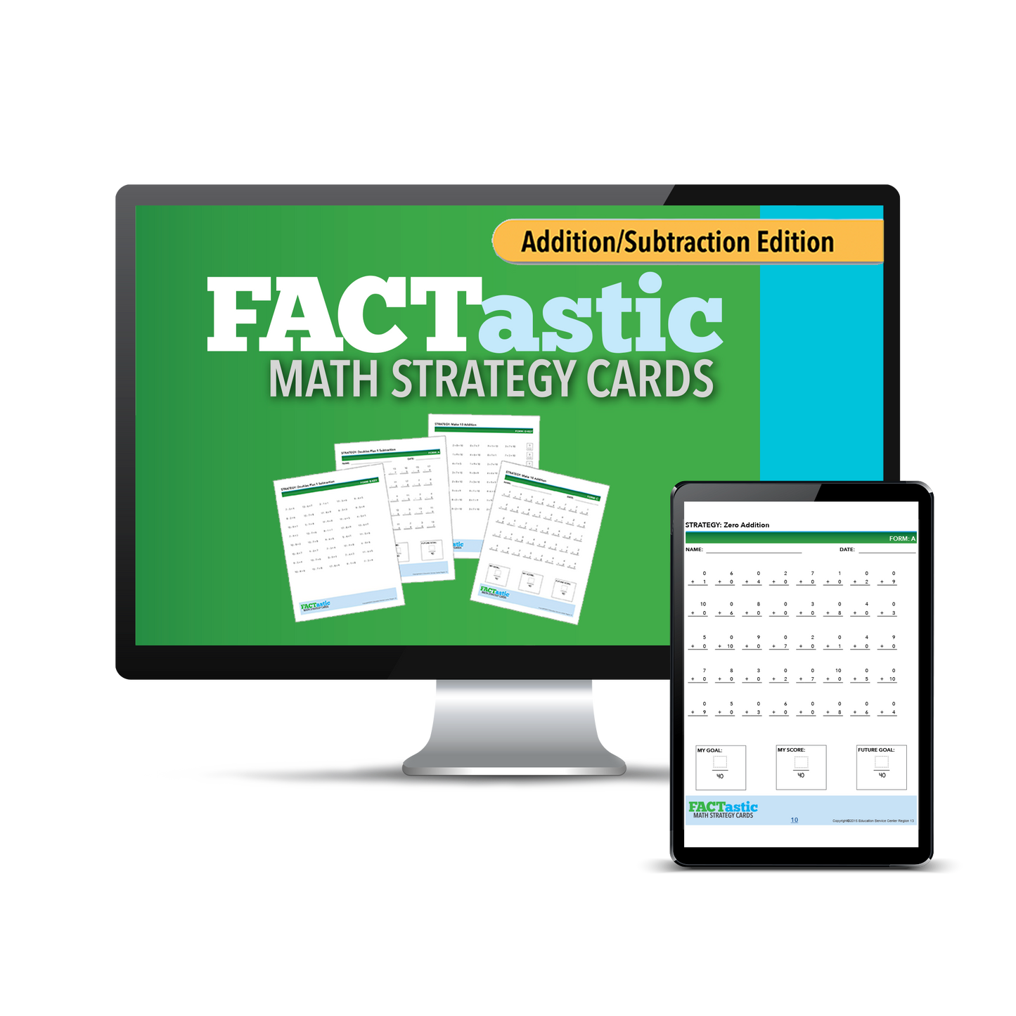 Computer screen with a preview of the downloadable PDF for the FACTastic Math Progress Monitoring: Addition/Subtraction product. 