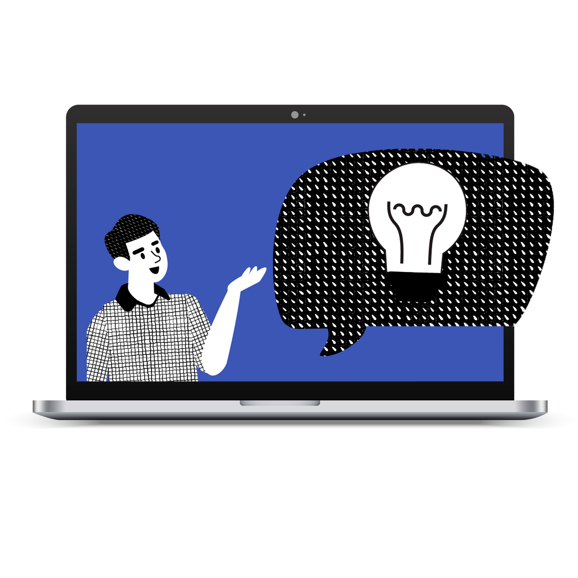 Laptop screen displaying a blue background with a drawing of a guy holding out his hand toward a thought bubble with a light bulb inside of it.