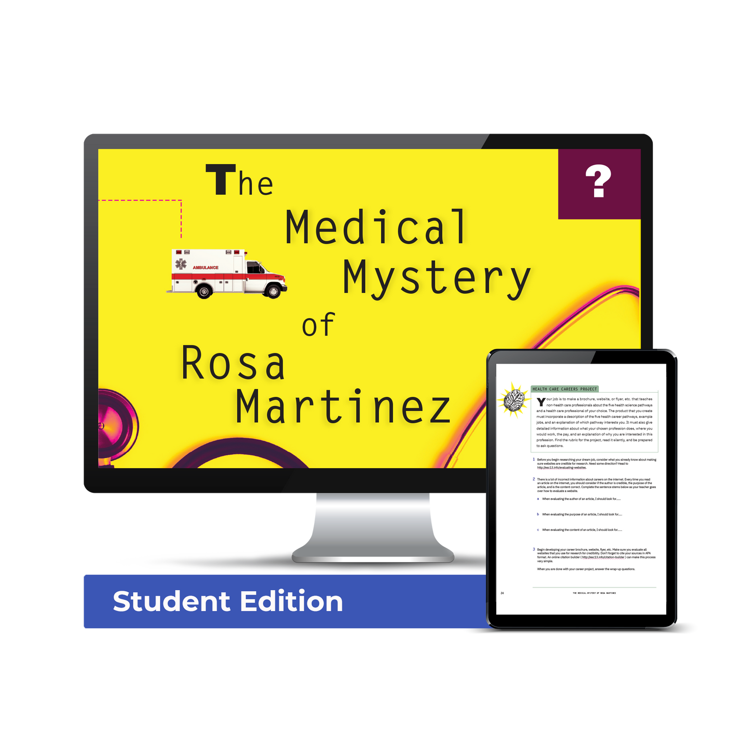 Computer screen with a preview of the downloadable PDFs for the The Medical Mystery of Rosa Martinez: Campus License: Student Edition product.