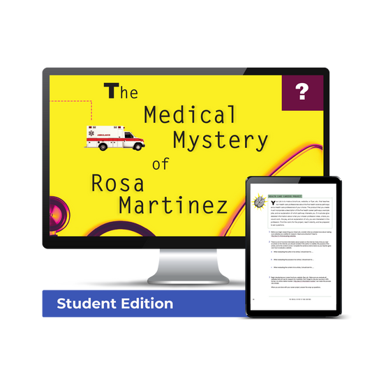 Computer screen with a preview of the downloadable PDFs for the The Medical Mystery of Rosa Martinez: Campus License: Student Edition product.