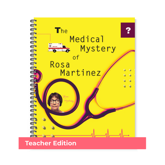 Preview of the yellow cover featuring a woman's face wearing glasses and a large stethoscope across the front of Region 13's The Medical Mystery of Rosa Martinez (Teacher Edition, Spiral-Bound) book.