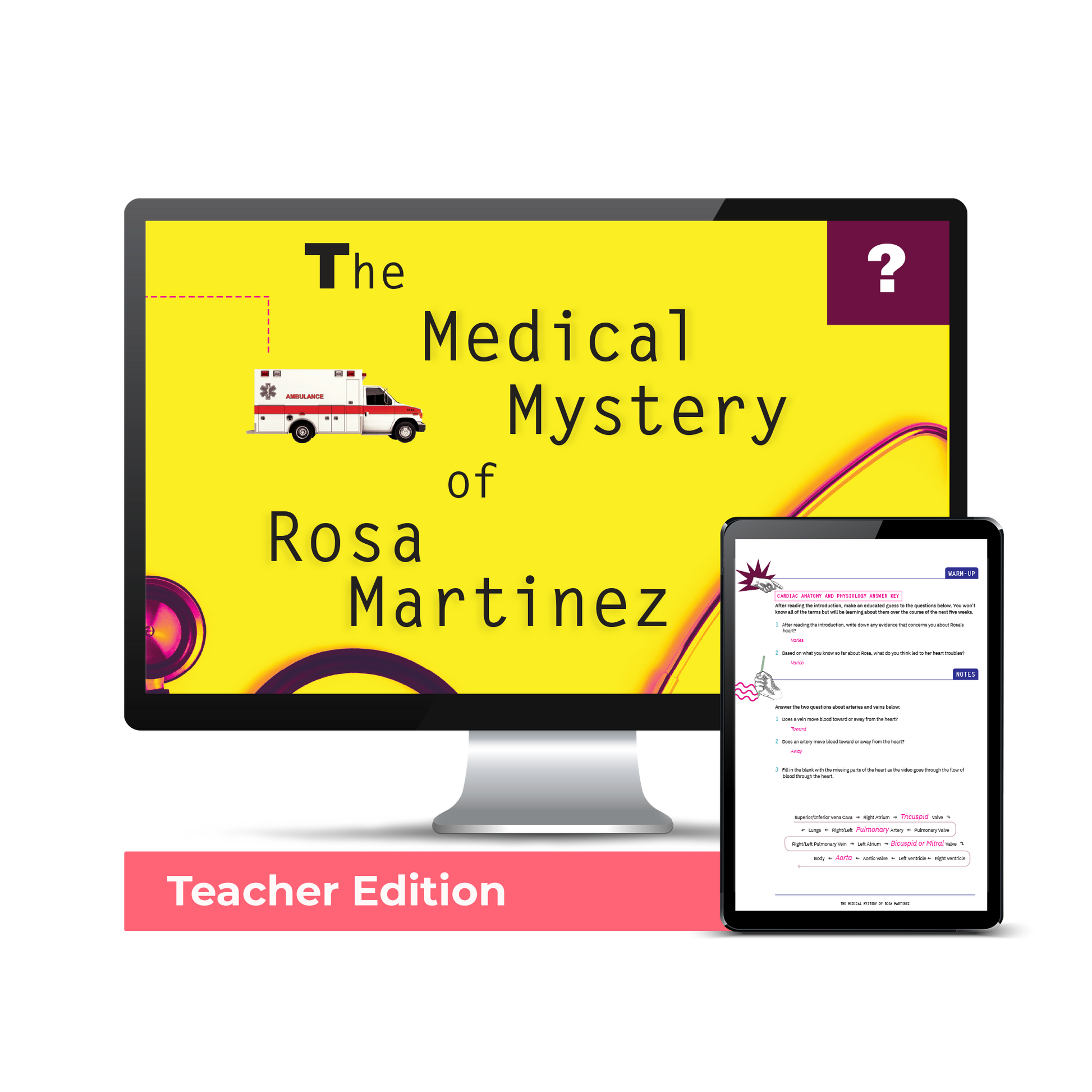 Computer screen with a preview of the downloadable PDFs for the The Medical Mystery of Rosa Martinez: Campus License: Teacher Edition product.