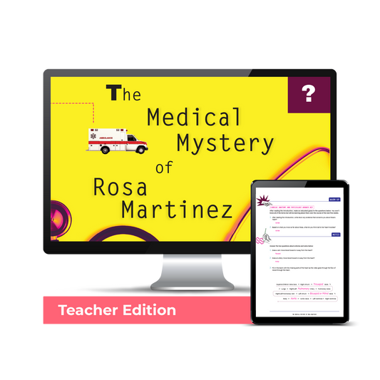 Computer screen with a preview of the downloadable PDFs for the The Medical Mystery of Rosa Martinez: Campus License: Teacher Edition product.