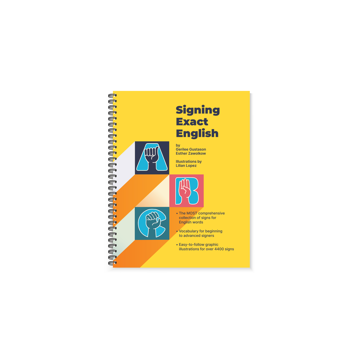 Preview of the orange and yellow cover featuring illustrated hands demonstrating the sign language graphics for letter A, B, and C on the front of Region 13's Signing Exact English - Pocket Size Dictionary book.