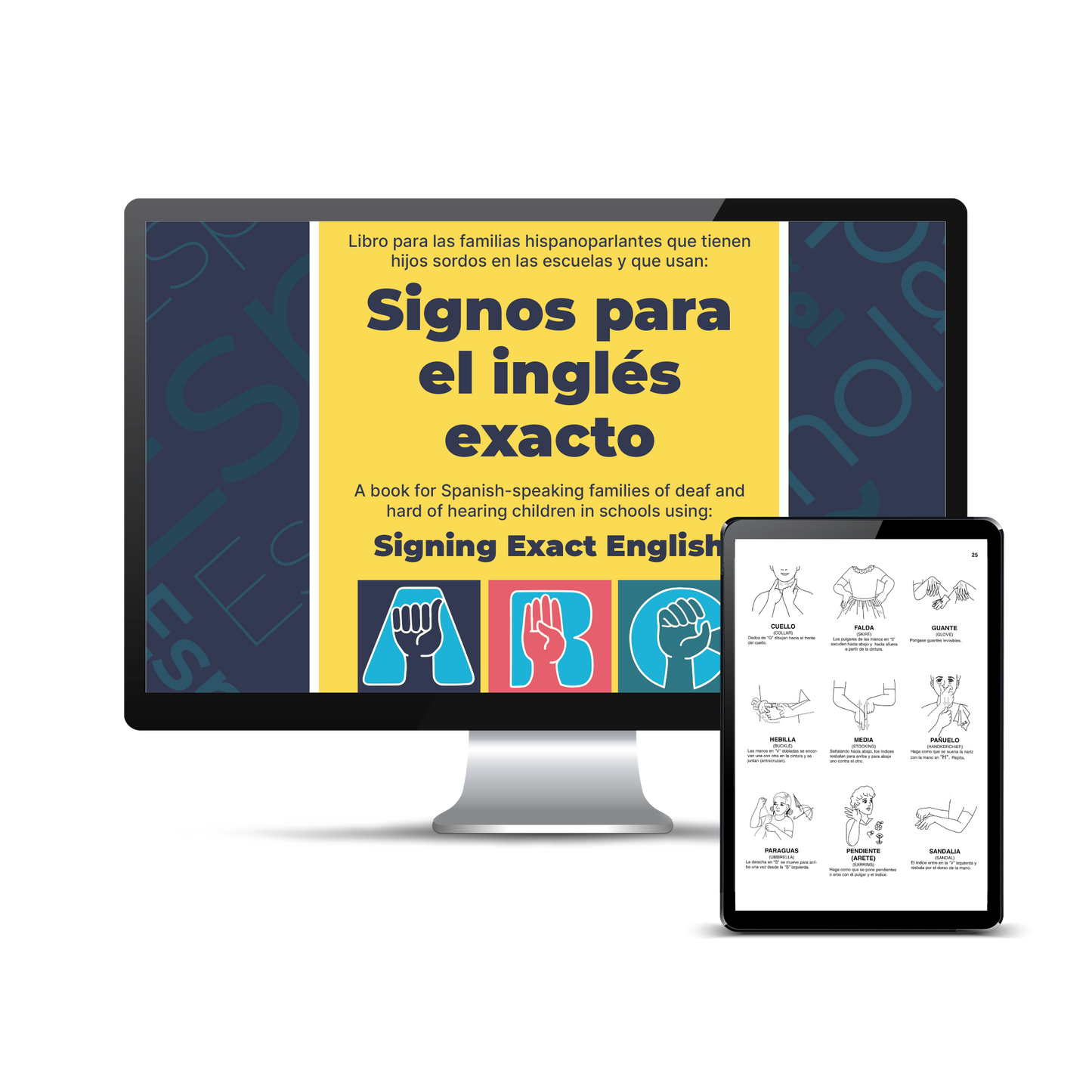 Computer and tablet screen displaying a preview of the Signos para el inglés exacto (Signing Exact English) Dictionary (Digital Download) product.