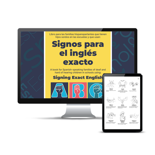 Computer and tablet screen displaying a preview of the Signos para el inglés exacto (Signing Exact English) Dictionary (Digital Download) product.
