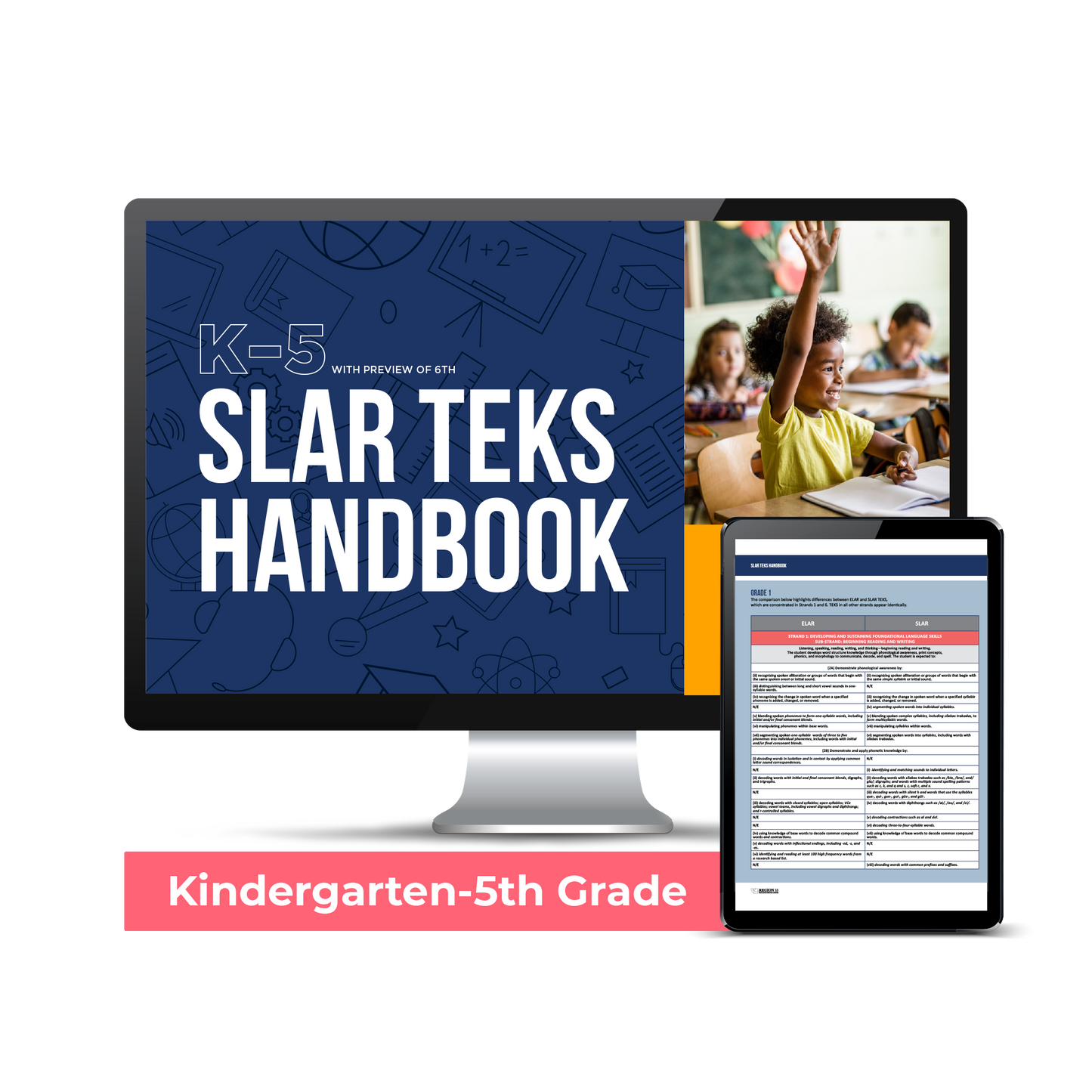 Computer screen with a preview of the downloadable PDF for the SLAR TEKS Handbook: K-5 product.