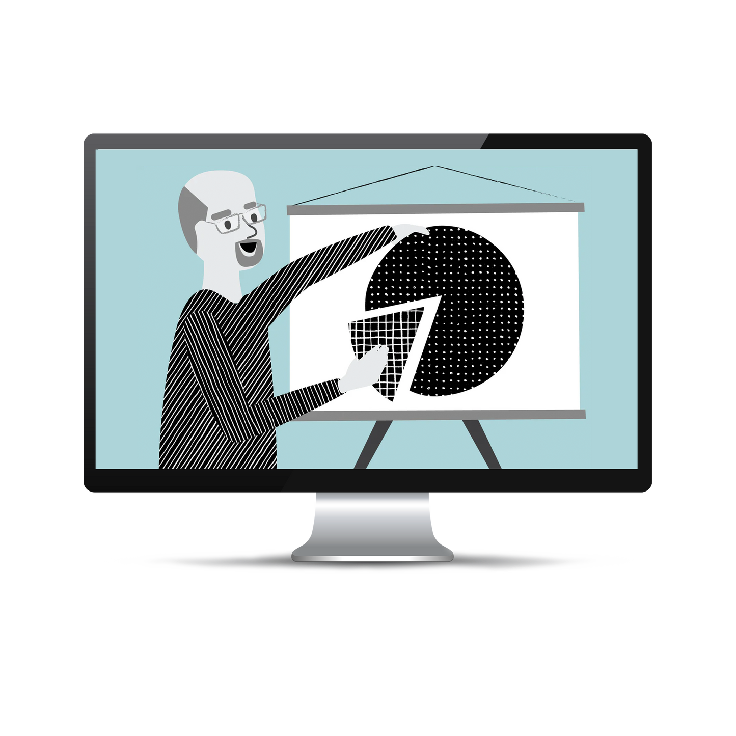Computer screen with a light blue background displaying the drawing of a man doing a presentation and pointing to a pie chart.