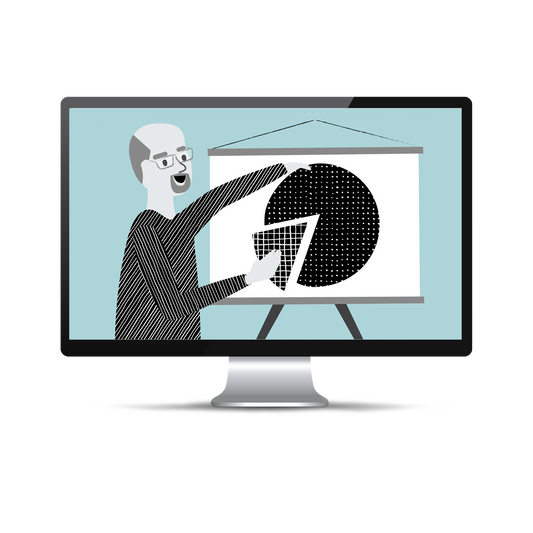 Computer screen with a light blue background displaying the drawing of a man doing a presentation and pointing to a pie chart.