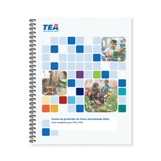 Preview of the blue and white front cover of the Texas Prekindergarten Guidelines Spanish (Spiral-Bound) book. The front cover features children playing with blocks, educational toys, and gardening.