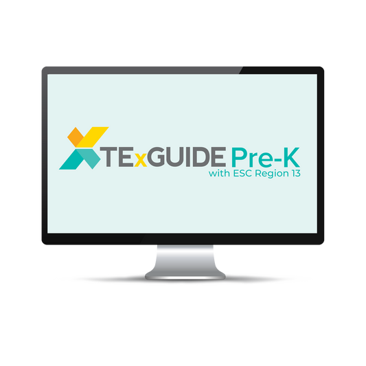 Computer screen with a light blue background displaying the TexGuide Pre-K logo.