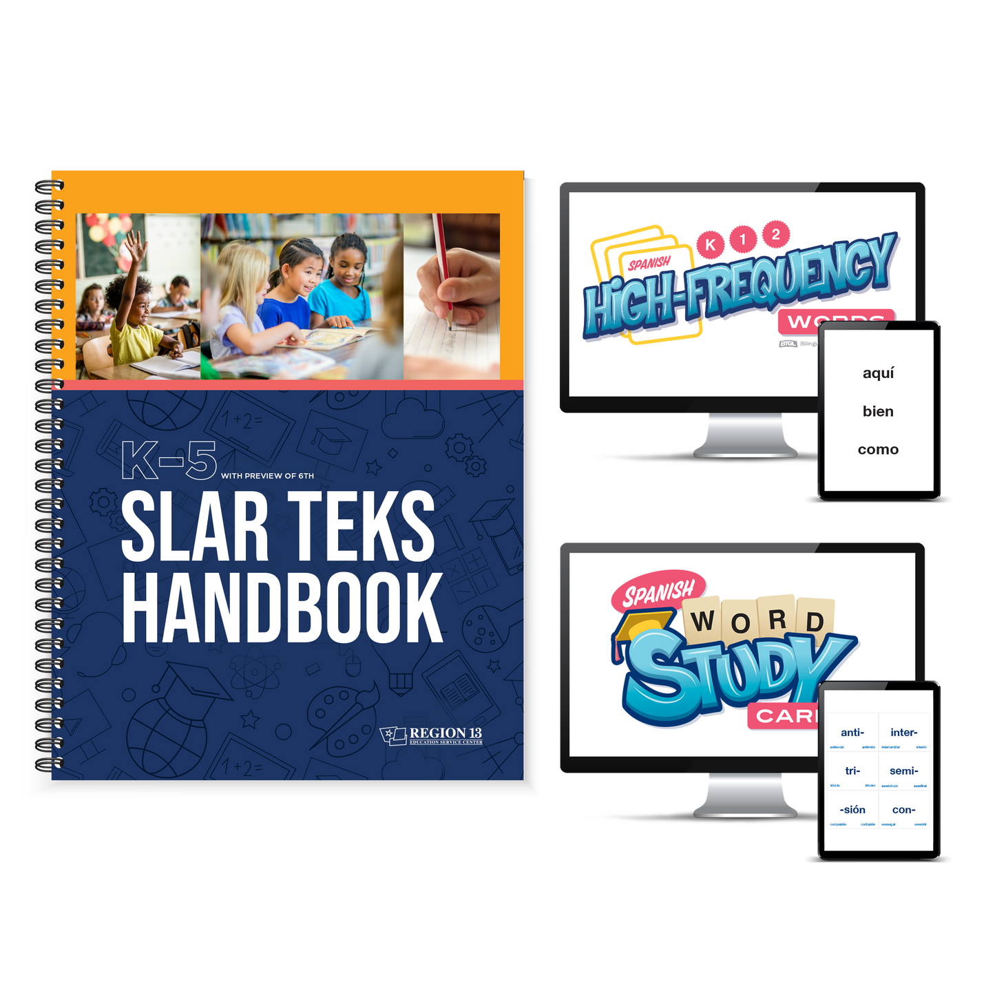 Preview of the yellow and navy front cover of the spiral-bound K-5 SLAR TEKS Handbook next to two laptops and tablets displaying a preview of the digital PDFs of the Spanish High-Frequency Words Cards and Spanish Word Study Cards that complete the products in teh Spanish Literacy Bundle.