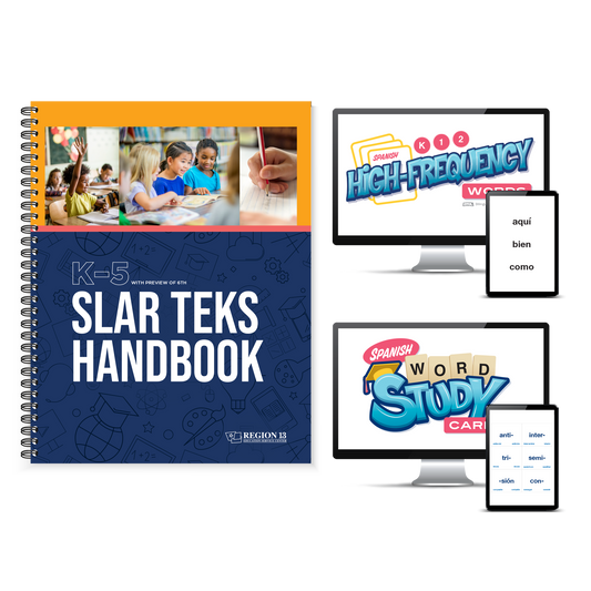 Preview of the yellow and navy front cover of the spiral-bound K-5 SLAR TEKS Handbook next to two laptops and tablets displaying a preview of the digital PDFs of the Spanish High-Frequency Words Cards and Spanish Word Study Cards that complete the products in teh Spanish Literacy Bundle.