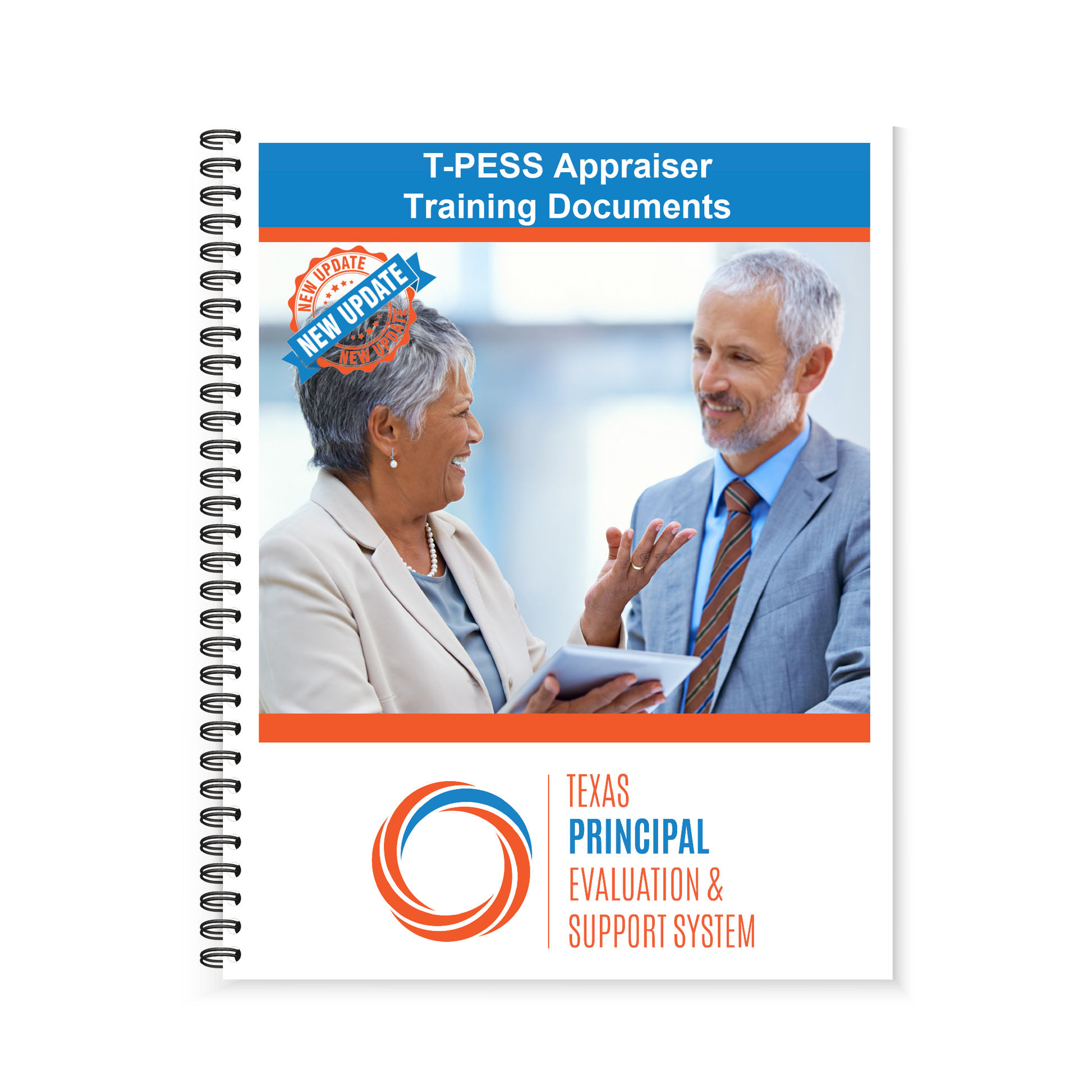 Cover image with a man and a woman talkling to each other on the front of the Region 13 T-PESS Appraiser Training Documents - 2020 Updated Rubric (Spiral-Bound) book.