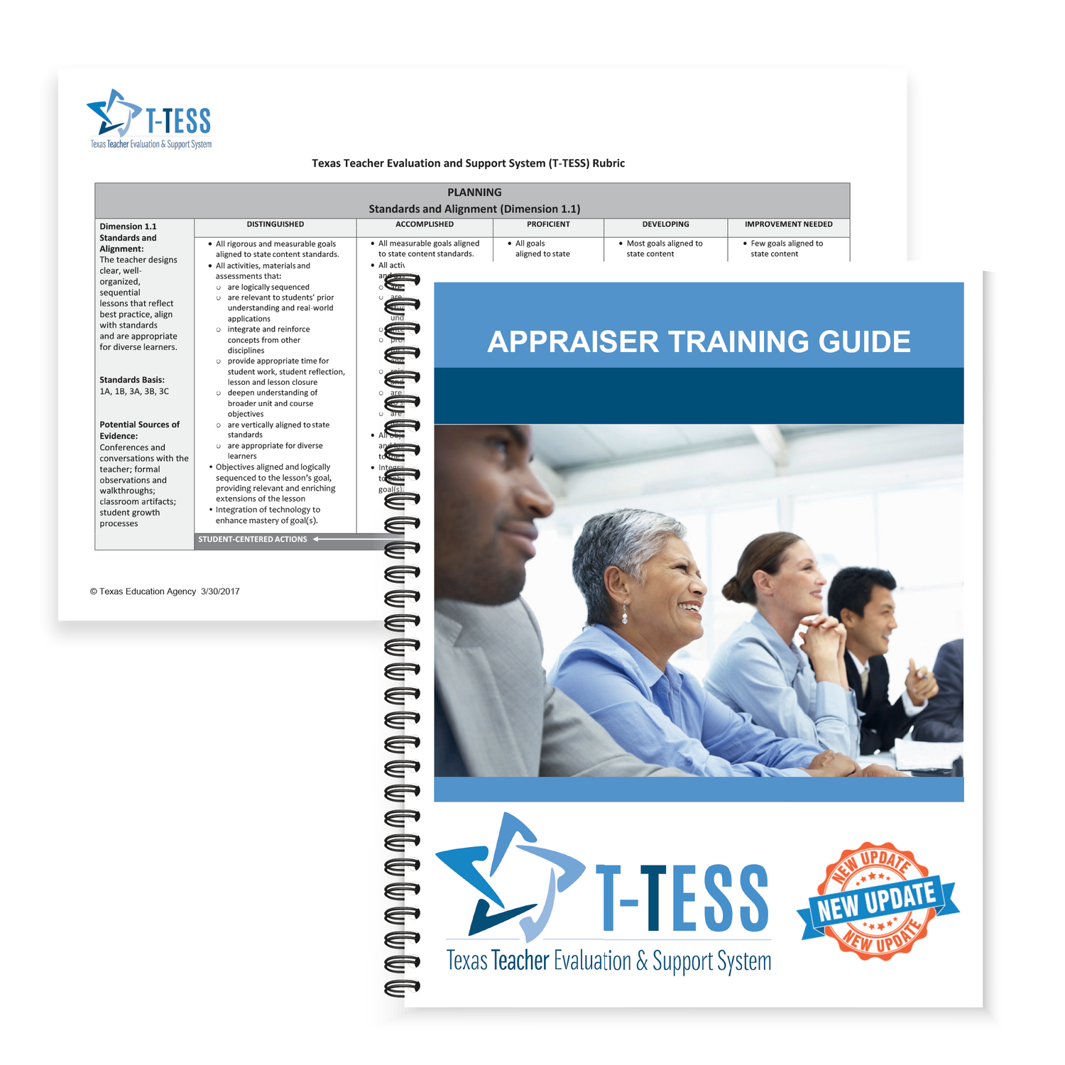 Preview of the blue and gray front pages and covers for two prodcuts included in the Region 13 T-TESS Appraiser Training Guide and T-TESS Rubric.