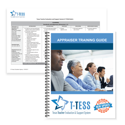 Preview of the blue and gray front pages and covers for two prodcuts included in the Region 13 T-TESS Appraiser Training Guide and T-TESS Rubric.