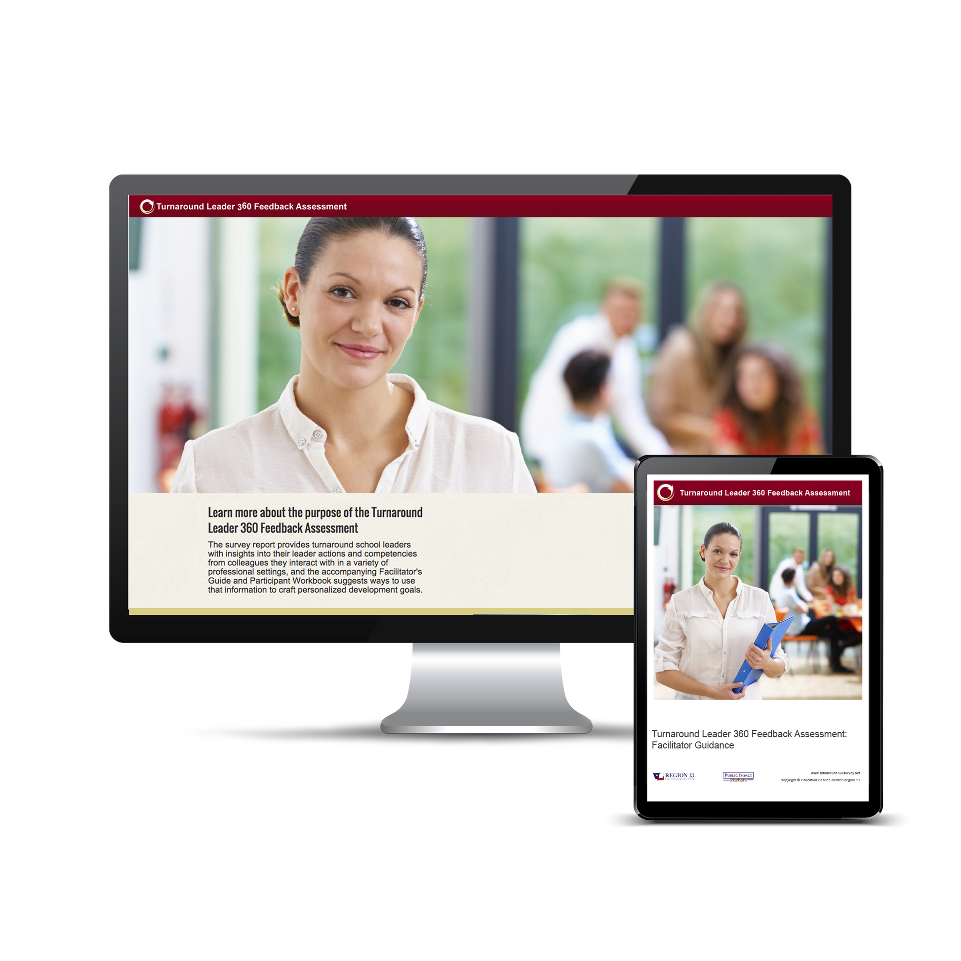 Woman smiling and holding a blue binder with four people seated around a table conversing in the background