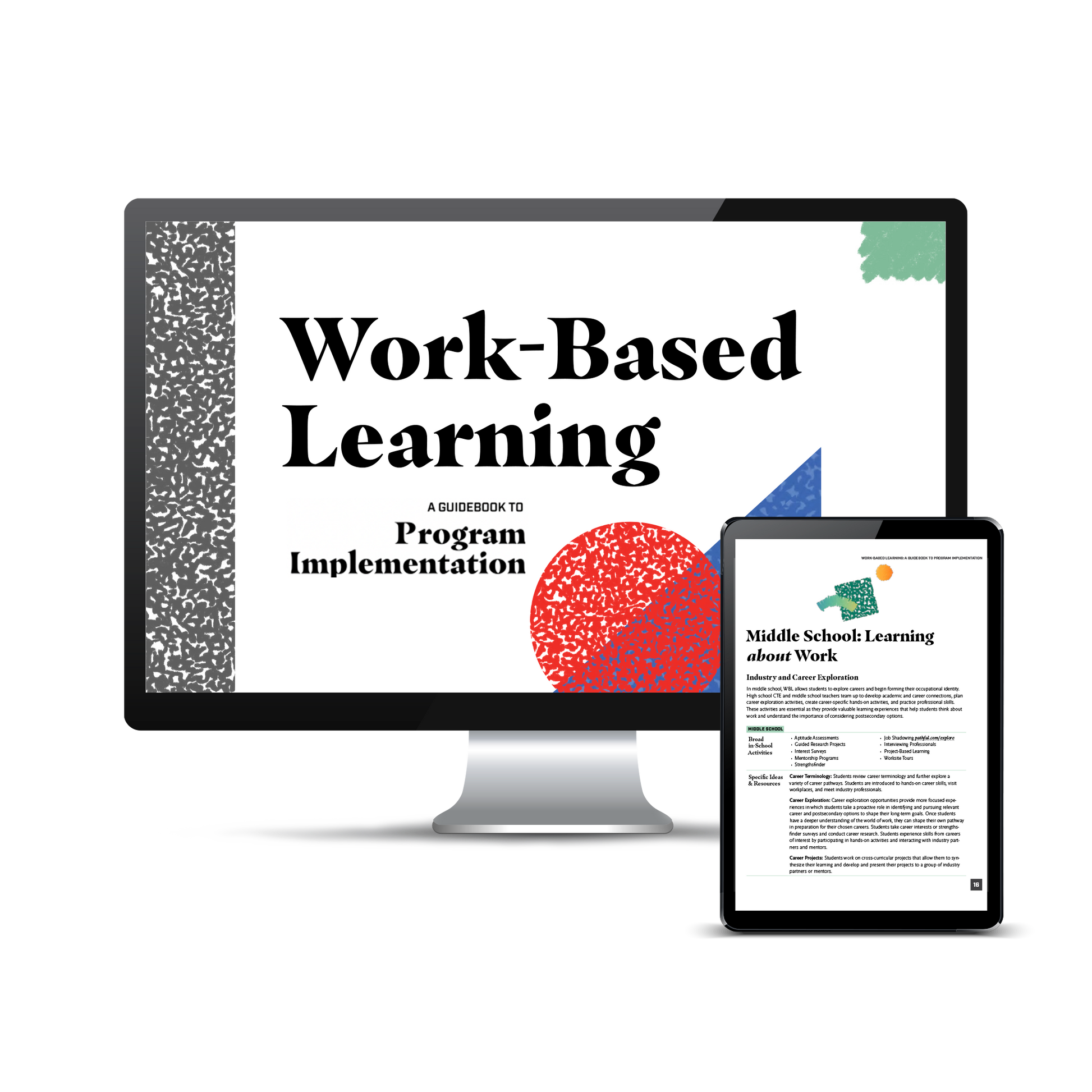 Computer and tablet screen displaying a preview of the Work-Based Learning (WBL) Guidebook to Program Implementation (Digital Download) product.