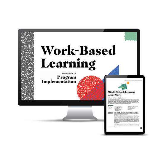 Computer and tablet screen displaying a preview of the Work-Based Learning (WBL) Guidebook to Program Implementation (Digital Download) product.