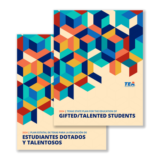 Multicolored cubes are displayed on the English & Spanish covers of this preview of the Texas State Plan for the Education of Gifted/Talented Students.
