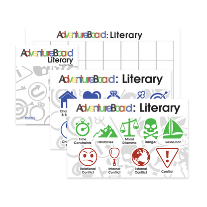 Preview of the Teacher AdventureBoard (17"x34" on laminated poster) and Student AdventureBoard (11"x17" on laminated posters) along with the Teacher Guide booklet.