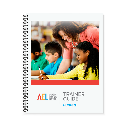 Preview of the front cover of the Advancing Educational Leadership Trainer Guide. The front cover features two children and one instructor helping them at their desks. 