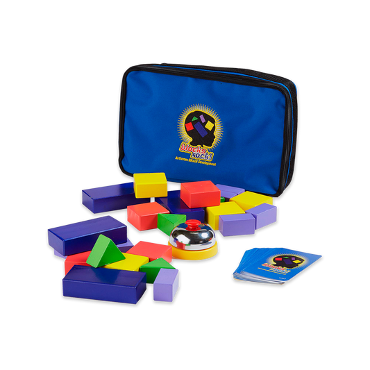 Preview of the Blocks Rock Deluxe Set that includes 24 solid wood blocks, 2 decks of cards, durable carrying case, a bell for gameplay