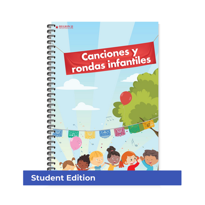 Preview of the blue illustrated cover featuring clouds, a tree, music notes, confetti, papel picado, balloons, and six children holding hands and smiling on the front of Region 13's Canciones y rondas infantiles - Student Version books.