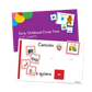 Preview of the colorful imagery and graphics on the Early Childhood Circle Time Flip Charts including drawings of a trumpet, a person singing, a school bus, a baby crawling, a teddy bear, the sun, rain, wind, and wheels and a group of people standing together.