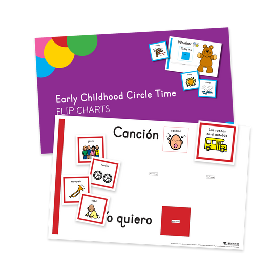 Preview of the colorful imagery and graphics on the Early Childhood Circle Time Flip Charts including drawings of a trumpet, a person singing, a school bus, a baby crawling, a teddy bear, the sun, rain, wind, and wheels and a group of people standing together.