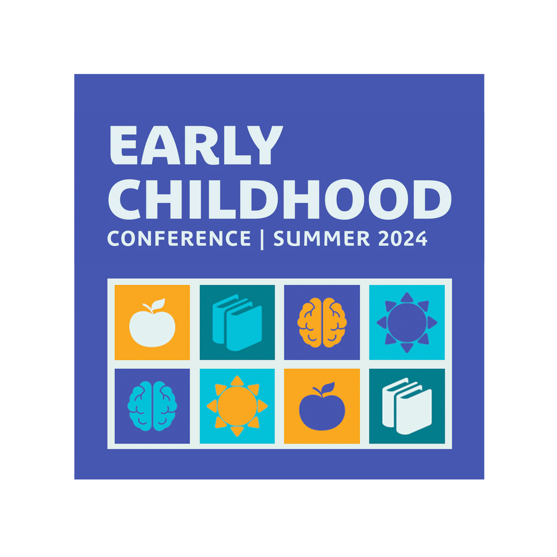 Blue background with the Early Childhood Conference logo with icons of apples, books, brains, and the sun.