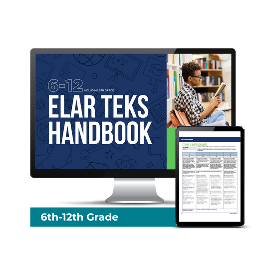 Computer screen with a preview of the downloadable PDF for the ELAR TEKS Handbook: 6-12 product. 