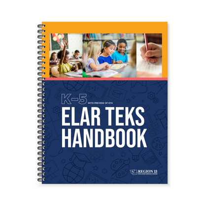 Cover images, one with a kid raising their hand, another with three kids reading a book together, and a third depcition of hand writing on lined paper on the front of the Region 13 ELAR TEKS Handbook: K-5 (Spiral-Bound) book.
