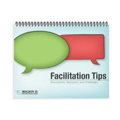 Preview of the blue cover with two chat bubbles on the front cover of the Region 13 Facilitation Tips: Discussions, Decisions, and Challenges (Spiral-Bound) book.